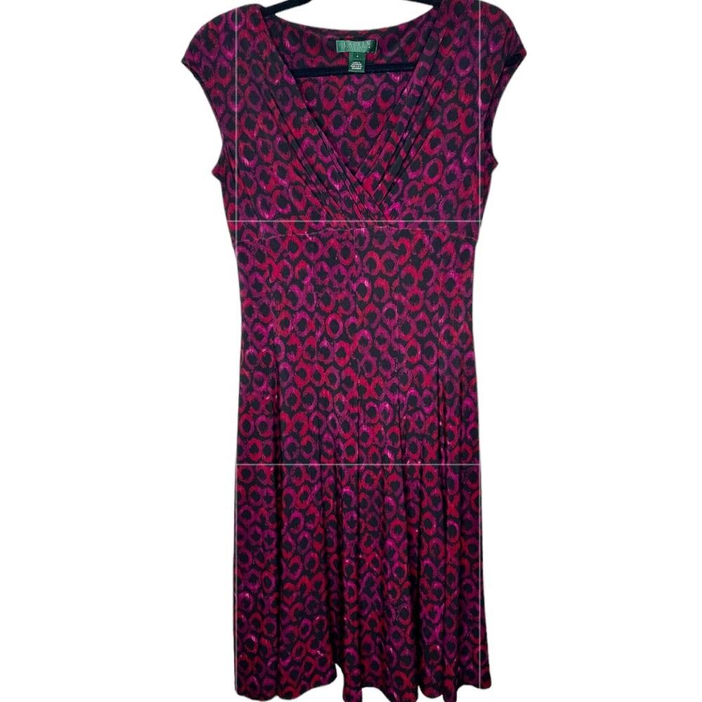 31. Lauren Ralph Lauren Sheath Mini Dress  Burgundy Pattern Surplice Cap Sleeve